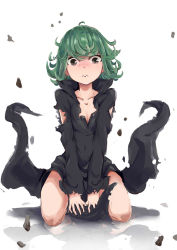 Rule 34 | 1girl, akatsukiame, black dress, blush, breasts, curly hair, dress, green eyes, green hair, kneeling, looking at viewer, matching hair/eyes, one-punch man, reflection, short hair, simple background, small breasts, solo, tatsumaki, tears, torn clothes, v arms, white background