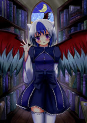 Rule 34 | 1girl, absurdres, arm behind back, bird wings, blush stickers, book, bookshelf, bow, crescent moon, dress, female focus, head tilt, highres, looking at viewer, moon, multicolored hair, oohirakeisuke, open hand, purple eyes, ribbon, solo, stained glass, star (sky), thighhighs, tokiko (touhou), touhou, two-tone hair, window, wings