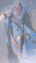 Rule 34 | 1boy, arknights, black cape, cape, clock, coat, facial mark, feathers, feet out of frame, gloves, high collar, highres, holding, holding weapon, huangdanlan, long hair, looking to the side, male focus, orange hair, passenger (arknights), shoulder strap, sleeves rolled up, solo, weapon, white coat, white gloves