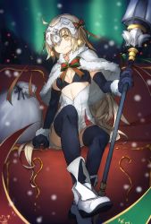 Rule 34 | 1girl, black gloves, black thighhighs, blonde hair, blue eyes, christmas, elbow gloves, fate/grand order, fate (series), gloves, hair ribbon, headpiece, highres, jeanne d&#039;arc (fate), jeanne d&#039;arc alter (fate), jeanne d&#039;arc alter santa lily (fate), long hair, looking at viewer, ribbon, santa costume, smile, snow, snowing, solo, thighhighs, yellow eyes