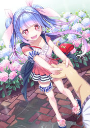 Rule 34 | 10s, 1girl, :d, alternate costume, antenna hair, bag, between breasts, blue hair, blush, bow, breasts, bridal garter, casual, cleavage, collarbone, fangs, feet, fingernails, flower, full body, gradient hair, hair bow, hair ribbon, handbag, high heels, hydrangea, i-19 (kancolle), kantai collection, long hair, looking at viewer, low-tied long hair, multicolored hair, nail polish, no socks, open mouth, pink hair, pov, puddle, red eyes, ribbon, ripples, saitou teikoku, sandals, scrunchie, skirt, smile, solo focus, star-shaped pupils, star (symbol), symbol-shaped pupils, toenail polish, toenails, toes, torpedo, tri tails