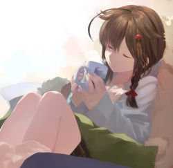 Rule 34 | 1girl, ahoge, braid, brown hair, chagen kokimu, closed eyes, commentary request, cup, hair between eyes, hair flaps, hair ornament, hair ribbon, hat, unworn hat, unworn headwear, holding, holding cup, jacket, kantai collection, long hair, long sleeves, mug, open clothes, open jacket, red ribbon, ribbon, shigure (kancolle), shigure kai ni (kancolle), shirt, signature, simple background, single braid, sitting, smile, solo, steam, white jacket, yellow shirt