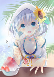 Rule 34 | 1girl, :d, bad id, bad pixiv id, bare shoulders, beach, bikini, bikini top only, blue eyes, blue sky, blush, braid, breasts, chocolate, choker, cleavage, collarbone, commentary request, day, feeding, fingernails, flower, food, hair between eyes, hair over shoulder, halterneck, head tilt, hiyuki-chan, holding, holding spoon, hood, hood up, incoming food, jacket, long hair, long sleeves, looking at viewer, ocean, off shoulder, open mouth, outdoors, pov feeding, ribbon, shaved ice, shiiba nae, silver hair, single braid, sky, small breasts, smile, solo, sound voltex, spoon, sunflower, swimsuit, table, tareme, translation request, white bikini, white choker, white hood, white jacket, yellow ribbon