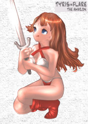 Rule 34 | 1girl, bikini, blue eyes, boots, breasts, brown hair, character name, cleavage, criss-cross halter, from above, from side, full body, glint, golden axe, halterneck, highleg, highleg bikini, highleg swimsuit, holding, holding weapon, knee boots, long hair, looking up, parted bangs, red footwear, sega, solo, squatting, swimsuit, sword, tyris flare, weapon