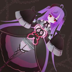 Rule 34 | 1girl, ahoge, beret, black beret, black dress, black hat, dress, frilled dress, frills, gothic lolita, hat, highres, lace, lace-trimmed thighhighs, lolita fashion, long hair, long sleeves, looking at viewer, nanashi inc., purple hair, qwq oekaki, red eyes, shisui kiki, shisui kiki (2nd costume), sleeves past fingers, sleeves past wrists, solo, thighhighs, two side up, very long hair, virtual youtuber