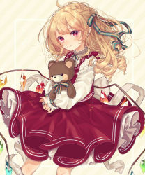 Rule 34 | 1girl, adapted costume, ahoge, alternate hair length, alternate hairstyle, blouse, blush, bow, bowtie, braid, cowboy shot, flandre scarlet, french braid, gradient background, hair between eyes, hair ribbon, head tilt, highres, holding, holding stuffed toy, layered sleeves, long hair, long sleeves, looking at viewer, nail polish, neck ribbon, no headwear, own hands together, petticoat, pointy ears, purple nails, red eyes, ribbon, shirt, side braid, side ponytail, slit pupils, smile, solo, standing, striped background, striped bow, striped bowtie, striped clothes, striped neckwear, striped ribbon, stuffed animal, stuffed toy, teddy bear, touhou, very long hair, white shirt, wings, yedan999, yellow background