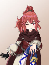 Rule 34 | 1girl, 1other, alear (fire emblem), anna (fire emblem), anna (fire emblem engage), cape, fire emblem, fire emblem engage, highres, jewelry, looking at viewer, nintendo, one eye closed, ponytail, red eyes, red hair, ring, smile, useless dim, wedding ring