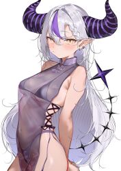 Rule 34 | 1girl, absurdres, armpit crease, arms behind back, bare arms, bare shoulders, bikini, blush, braid, braided bangs, breasts, closed mouth, commentary, covered navel, cross-laced clothes, cross-laced dress, demon girl, demon horns, demon tail, dress, ear piercing, grey hair, hair between eyes, highres, hololive, horns, huge horns, la+ darknesss, looking at viewer, multicolored hair, pepq, piercing, pointy ears, purple bikini, purple dress, purple hair, purple horns, see-through, see-through dress, sideless dress, small breasts, solo, streaked hair, striped horns, swimsuit, symbol-only commentary, tail, transparent background, upper body, virtual youtuber, yellow eyes
