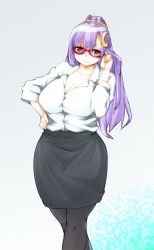 Rule 34 | 1girl, bespectacled, breasts, business casual, cleavage, collared shirt, crescent, crescent hair ornament, glasses, gradient background, hair ornament, hand on own hip, highres, hiro (h-net), huge breasts, lipstick, long hair, makeup, pantyhose, patchouli knowledge, plump, purple hair, red eyes, shirt, skirt, smile, solo, touhou