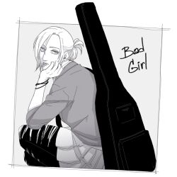Rule 34 | 1girl, annie leonhart, bracelet, commentary, contemporary, earrings, folded ponytail, from side, greyscale, guitar case, hanpetos, head rest, instrument case, jewelry, looking at viewer, monochrome, piercing, pleated skirt, shingeki no kyojin, skirt, solo, squatting, stud earrings, thighhighs, tongue, tongue out, tongue piercing, torn clothes, torn thighhighs