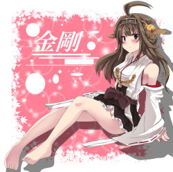 Rule 34 | 10s, 1girl, armpits, bare legs, barefoot, brown eyes, brown hair, detached sleeves, hair ornament, japanese clothes, kantai collection, kongou (kancolle), long hair, long sleeves, looking at viewer, miko, noa (nagareboshi), nontraditional miko, ribbon trim, skirt, smile, solo, wide sleeves