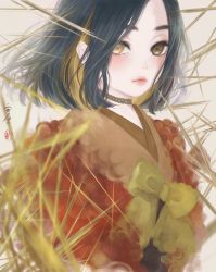 Rule 34 | 1girl, absurdres, black hair, blonde hair, blurry, blurry foreground, bob cut, bow, choker, closed mouth, colored inner hair, commentary, depth of field, expressionless, highres, japanese clothes, kimono, lace, lace choker, light blush, looking at viewer, medibang paint (medium), multicolored hair, orange kimono, original, parted hair, personification, seal impression, short hair, signature, solo, upper body, ushiyama ame, white background, yellow bow, yellow eyes