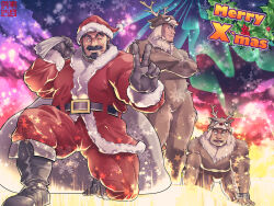 Rule 34 | 3boys, all fours, animal costume, antlers, bara, beard, bunta ru, christmas, christmas tree, crossed arms, facial hair, full beard, full body, gift bag, gloves, glowing, goatee stubble, hat, highres, horns, large pectorals, male focus, mature male, merry christmas, multiple boys, muscular, muscular male, old, old man, on one knee, one eye closed, original, pectorals, red headwear, reindeer antlers, reindeer costume, santa claus, santa costume, santa hat, short hair, smile, stubble, thick beard, thick eyebrows, thick thighs, thighs, v, wrinkled skin
