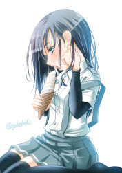 Rule 34 | 10s, 1girl, arm warmers, asashio (kancolle), black thighhighs, blue eyes, blue hair, blush, dress shirt, eating, food, ice cream, ice cream cone, kantai collection, matching hair/eyes, off shoulder, open mouth, sexually suggestive, shirt, simple background, sitting, skirt, sogabe toshinori, solo, suspenders, thighhighs, waffle cone, wariza