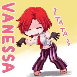 Rule 34 | 1girl, animated, bouncing breasts, breasts, chibi, gloves, large breasts, live2d, midriff, nami haru, navel, red hair, sandals, snk, solo, tagme, the king of fighters, vanessa (kof), video