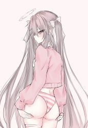Rule 34 | 1girl, acedia, ass, ass support, bandaid, cardigan, grey hair, hair ribbon, halo, highres, looking back, no pants, original, panties, ribbon, striped clothes, striped panties, thigh strap, thighs, underwear, wedgie