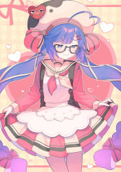 Rule 34 | 1girl, :3, ahoge, animal print, apron, backpack, bag, bespectacled, black-framed eyewear, blue eyes, blue hair, bow, braid, closed mouth, cow print, cowboy shot, fang, glasses, gradient hair, hair bow, hair ribbon, hat, hat ornament, heart, heart ahoge, heart hat ornament, highres, long hair, long sleeves, looking down, looking to the side, low-braided long hair, low-tied long hair, miniskirt, multicolored hair, neckerchief, otomachi una, pantyhose, pink bow, pink hair, pink neckerchief, pink pantyhose, pink skirt, pleated skirt, ribbon, sailor collar, semi-rimless eyewear, sidelocks, skin fang, skirt, skirt hold, skirt set, smile, solo, streaked hair, suiso sn3, tress ribbon, twin braids, twintails, two-tone skirt, under-rim eyewear, vocaloid, white apron, white neckerchief, white sailor collar, white skirt, yellow background