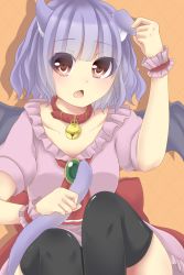 Rule 34 | 1girl, animal ears, ascot, bad id, bad pixiv id, bat wings, bell, brooch, cat ears, cat tail, collar, collarbone, fang, highres, holding, holding ears, holding own tail, holding with tail, jewelry, jingle bell, kemonomimi mode, knees up, light purple hair, looking at viewer, neck bell, nemuta muu, open mouth, orange background, over-kneehighs, prehensile tail, red eyes, remilia scarlet, shadow, short hair, short sleeves, simple background, sitting, skirt, skirt set, solo, tail, thighhighs, touhou, wings