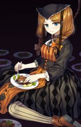Rule 34 | 1girl, black dress, blue eyes, bow, braid, brown hair, buranko (marchen), dress, food, fork, freckles, gijang, hair bow, highres, holding, holding knife, knife, long hair, looking at viewer, maerchen (album), meat, noose, orange bow, pantyhose, plate, solo, sound horizon, striped clothes, striped legwear, striped pantyhose, twin braids, vertical-striped clothes, vertical-striped pantyhose