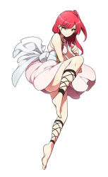 Rule 34 | 1girl, ankle lace-up, bad id, bad pixiv id, barefoot, cross-laced footwear, dalc rose, feet, full body, long hair, looking at viewer, magi the labyrinth of magic, morgiana, red eyes, red hair, side ponytail, simple background, smile, solo, white background