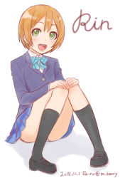 Rule 34 | 10s, 1girl, 2015, :d, artist name, blazer, blush, brown hair, dated, green eyes, ha-ru, hoshizora rin, jacket, kneehighs, loafers, looking at viewer, love live!, love live! school idol project, open mouth, panties, pantyshot, plaid, plaid skirt, pleated skirt, school uniform, shoes, short hair, simple background, sitting, skirt, smile, socks, solo, twitter username, underwear, upskirt, white background