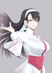 Rule 34 | 1girl, alternate hairstyle, artist request, black hair, buttons, earrings, hairband, highres, jewelry, kagura chizuru, long hair, sash, simple background, solo, the king of fighters