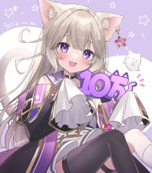 Rule 34 | 1girl, absurdres, animal ears, blush, cat ears, cat girl, cat tail, commentary request, grey hair, hair ornament, highres, long hair, looking at viewer, neo-porte, open mouth, purple eyes, saiki komari, simple background, sitting, solo, tail, thighhighs, virtual youtuber, white background, yozuna niu