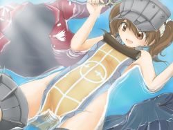 Rule 34 | 10s, 1girl, :d, afloat, bare shoulders, brown eyes, brown hair, unworn clothes, covering privates, flight deck, floating, kantai collection, long hair, nude cover, open mouth, partially submerged, personification, pettan-nee, ryuujou (kancolle), scroll, smile, solo, tsurupeta (pikapika45), twintails, visor cap, water