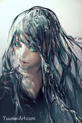 Rule 34 | 1girl, blue eyes, closed mouth, expressionless, highres, liquid hair, long hair, looking to the side, original, water drop, yuumei