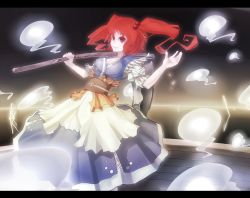 Rule 34 | 1girl, bad id, bad pixiv id, breasts, female focus, ghost, gradient background, hair bobbles, hair ornament, highres, kusakanmuri, letterboxed, onozuka komachi, red eyes, red hair, scythe, short hair, solo, touhou, twintails, two side up
