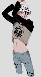 Rule 34 | 1boy, absurdres, arms up, black hair, clothes lift, commentary request, cropped legs, denim, earrings, facial hair, fur hat, goatee, grin, hat, highres, hood, hoodie, hoodie lift, jeans, jewelry, long sleeves, looking at viewer, male focus, navel, one piece, pants, piratesebine, short hair, smile, solo, stomach, teeth, toned, toned male, trafalgar law, two-tone hoodie, yellow eyes