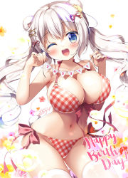 Rule 34 | 1girl, ;d, animal ears, bear ears, bear tail, bikini, blue eyes, blush, breasts, collarbone, commentary request, dated, hair between eyes, hair ornament, hairclip, happy birthday, highres, large breasts, long hair, looking at viewer, navel, one eye closed, open mouth, original, plaid, plaid bikini, sasai saji, signature, smile, solo, swimsuit, tail, thighhighs, twintails, x hair ornament