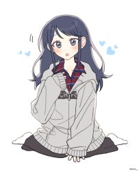 Rule 34 | 1girl, black hair, blue eyes, blush, buttons, cocov, commentary request, dot nose, full body, grey jacket, hand up, heart, highres, hoshino ichika (project sekai), jacket, korean commentary, long hair, long sleeves, looking at viewer, open mouth, plaid, plaid shirt, project sekai, shirt, simple background, sleeves past wrists, socks, solo, twitter username, white background, white socks, zipper pull tab