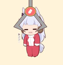 Rule 34 | 1girl, animal ears, brown background, chibi, closed eyes, crane game, ear covers, facing viewer, full body, gold ship (umamusume), gomashio (goma feet), grey hair, horse ears, horse girl, horse tail, jacket, long hair, open mouth, pants, red jacket, red pants, simple background, solo, tail, track jacket, track pants, track suit, translation request, umamusume, very long hair