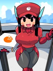 Rule 34 | 1girl, :d, absurdres, asta rindo (rariatto), black eyes, black hair, blush stickers, bodysuit, bodysuit under clothes, breasts, day, doorway, entrance, gloves, highres, holding, large breasts, long hair, looking at viewer, open mouth, original, pizza box, pizza delivery, pov doorway, rariatto (ganguri), red headwear, red shirt, robot ears, shirt, smile, solo, standing