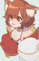 Rule 34 | animal ear fluff, bare shoulders, bell, breasts, brown eyes, brown hair, choker, cleavage, collarbone, commentary request, dress, eyes visible through hair, grey background, hair ornament, hairclip, hands up, highres, long sleeves, medium breasts, neck bell, nijisanji, ratna petit, red choker, red panda ears, red panda tail, simple background, sirataki umauma, sleeves past fingers, sleeves past wrists, solo, striped tail, tail, tongue, tongue out, virtual youtuber, x hair ornament
