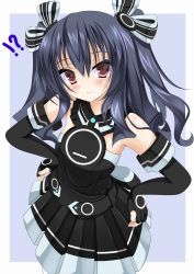 Rule 34 | 10s, 1girl, ahhien, atsuhien, bad id, bad pixiv id, bare shoulders, black hair, blush, breasts, dress, elbow gloves, gloves, hair ornament, hair ribbon, hands on own hips, highres, long hair, looking at viewer, neptune (series), red eyes, ribbon, simple background, small breasts, solo, two side up, uni (neptunia)