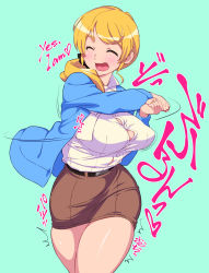 Rule 34 | ^^^, 1girl, aqua background, baker at bat, blonde hair, blush, breasts, ellen baker, english text, closed eyes, hair ornament, hair scrunchie, highres, large breasts, long hair, miniskirt, new horizon, open mouth, ponytail, red-p, scrunchie, simple background, skindentation, skirt, solo, thick thighs, thighs