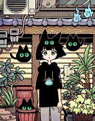 Rule 34 | architecture, black hair, black hoodie, blush stickers, bob cut, cat girl, cat tail, condenser unit, east asian architecture, flower, flower pot, garouma, green eyes, grey pants, highres, hood, hood down, hoodie, looking at viewer, original, outdoors, pants, plant, standing, tail