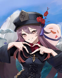 Rule 34 | 1girl, aremen, black hat, black jacket, black nails, blue sky, brown hair, commentary request, day, fang, flower, flower-shaped pupils, genshin impact, ghost, grin, hair between eyes, hat, heart, heart hands, highres, hu tao (genshin impact), jacket, jewelry, looking at viewer, mountain, nail polish, outdoors, red eyes, red flower, red shirt, ring, shirt, sky, smile, solo, symbol-shaped pupils, tree, upper body