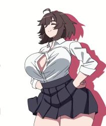 Rule 34 | 1girl, ahoge, animated, black panties, blouse, bouncing breasts, breasts, brown hair, cleavage, closed eyes, collared shirt, curvy, dancing, hair between eyes, hands on own hips, huge breasts, insomnia-chan, kay yu, long sleeves, no bra, original, panties, pleated skirt, shirt, shirt tucked in, short hair, simple background, skirt, smile, solo, thick thighs, thighs, underwear, video, white background, white shirt, wide hips