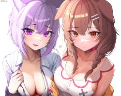 Rule 34 | 2girls, absurdres, animal ear fluff, animal ears, artist name, bone hair ornament, bow, braid, breasts, brown eyes, brown hair, cat ears, cat girl, cleavage, closed mouth, collar, collarbone, collared shirt, commentary, dog ears, dog girl, dress shirt, fang, hair ornament, heart, highres, hololive, inugami korone, inugami korone (1st costume), jacket, kkato, large breasts, light purple hair, long hair, long sleeves, looking at viewer, low twin braids, multiple girls, naked shirt, nekomata okayu, nekomata okayu (oversized shirt), no bra, open clothes, open jacket, open mouth, open shirt, purple eyes, purple jacket, purple ribbon, raised eyebrows, ribbon, shirt, short hair, side-by-side, sidelighting, simple background, skin fang, sleeveless, sleeveless shirt, symbol-only commentary, twin braids, upper body, virtual youtuber, white background, white shirt, yellow jacket
