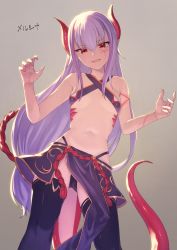 Rule 34 | 1girl, absurdres, bare arms, bare shoulders, black thighhighs, breasts, claw pose, collarbone, commentary request, criss-cross halter, dragon girl, dragon horns, dragon tail, facial mark, gradient background, grey background, hair between eyes, halterneck, head tilt, highleg, highres, horns, ibuki notsu, long hair, looking at viewer, low-tied long hair, melusine (ibuki notsu), navel, original, parted lips, pelvic curtain, pointy ears, purple hair, red eyes, simple background, slit pupils, small breasts, smile, solo, stomach, tail, thighhighs, very long hair