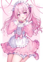 Rule 34 | 1girl, apron, bow, dress, frilled apron, frills, hair ornament, highres, long hair, looking at viewer, maid, maid apron, maid headdress, open mouth, original, pink bow, pink eyes, pink footwear, pink hair, shiono (0303), simple background, smile, solo, twintails, waist apron, white apron, white background