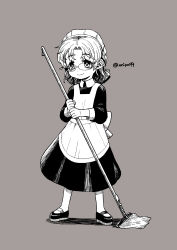 Rule 34 | 1girl, alternate costume, apron, dress, enmaided, glasses, grey background, greyscale, harukaze unipo, hirato (kancolle), holding, holding mop, kantai collection, maid, maid day, maid headdress, monochrome, mop, short hair, simple background, smile, solo, standing, twitter username