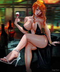 Rule 34 | 1girl, black dress, breasts, cleavage, dress, feet, glass bottle, high heels, jewelry, large breasts, lasga claven, crossed legs, lipstick, makeup, nail polish, nami (one piece), necklace, one piece, orange eyes, orange hair, sitting, table, tattoo, toes