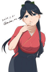Rule 34 | 1girl, :q, black eyes, black hakama, blue hair, commentary request, dated, hair between eyes, hakama, hakama skirt, houshou (kancolle), japanese clothes, kantai collection, kimono, licking lips, long hair, looking at viewer, moke ro, naughty face, pink kimono, ponytail, pulque, sexually suggestive, simple background, skirt, smile, solo, suggestive fluid, tongue, tongue out, twitter username, white background