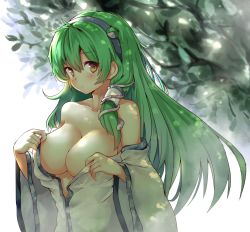Rule 34 | 1girl, absurdres, bare shoulders, blue hairband, blush, breasts, brown eyes, collarbone, commentary request, detached sleeves, frog hair ornament, green hair, hair between eyes, hair ornament, hair tubes, hairband, highres, kochiya sanae, kushidama minaka, large breasts, long hair, long sleeves, looking at viewer, off shoulder, shirt, sidelocks, simple background, snake hair ornament, solo, touhou, tree, upper body, white background, white shirt, wide sleeves