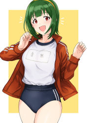 Rule 34 | 1girl, :d, blue buruma, blunt bangs, blush, border, breasts, buruma, commentary request, cowboy shot, fingernails, green hair, gym uniform, hairband, hands up, highres, idolmaster, idolmaster (classic), jacket, large breasts, long sleeves, looking at viewer, mole, mole under mouth, name tag, notice lines, open clothes, open jacket, open mouth, otonashi kotori, outside border, red eyes, red jacket, shirt, shirt tucked in, short hair, sidelocks, smile, solo, track jacket, tsurui, white border, white shirt, yellow background, yellow hairband