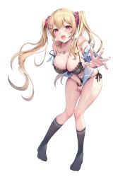 Rule 34 | 1girl, black bra, black panties, blonde hair, blush, bra, breasts, cleavage, floating hair, full body, gomashio ponz, hair ornament, hair scrunchie, hairclip, highres, jewelry, kneehighs, large breasts, long hair, looking at viewer, necklace, no shoes, off shoulder, open clothes, open mouth, open shirt, original, outstretched arm, panties, pink eyes, scrunchie, shirt, shirt tug, side-tie panties, simple background, socks, solo, sweat, twintails, twitter username, underwear, very long hair, white background, white shirt, wrist scrunchie